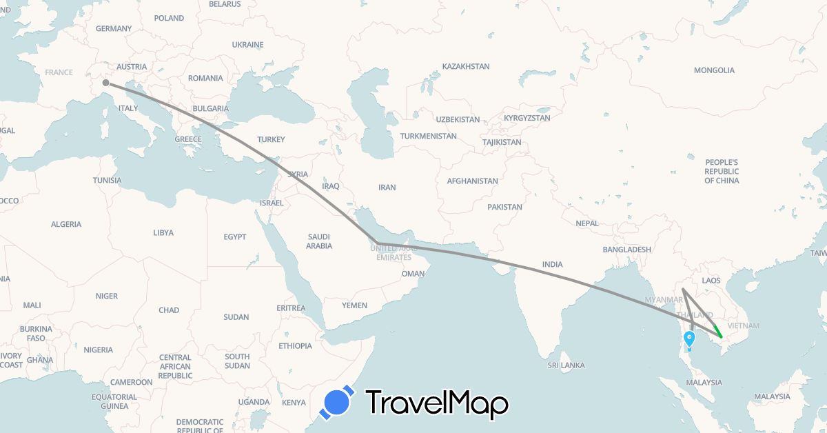 TravelMap itinerary: driving, bus, plane, boat in Italy, Cambodia, Qatar, Thailand (Asia, Europe)